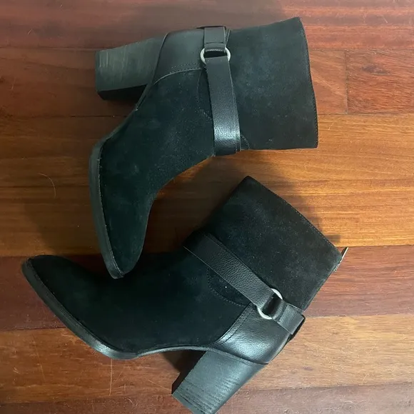 Aquatalia Fanya Waterproof Boots Size 8.5 Black Leather Suede Moto Harness