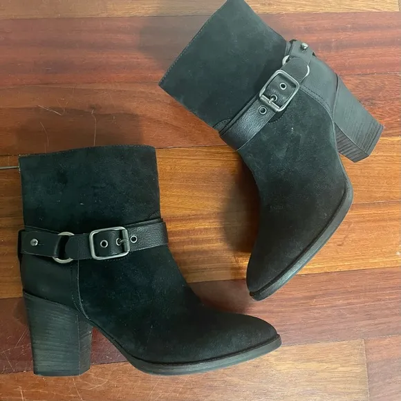 Aquatalia Fanya Waterproof Boots Size 8.5 Black Leather Suede Moto Harness