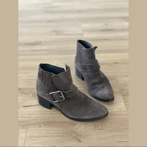 aquatalia gray suede foster buckle ankle booties moto boots
