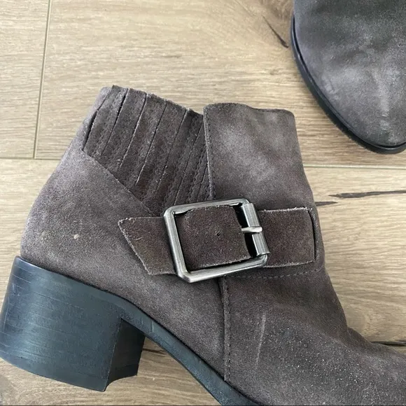 aquatalia gray suede foster buckle ankle booties moto boots