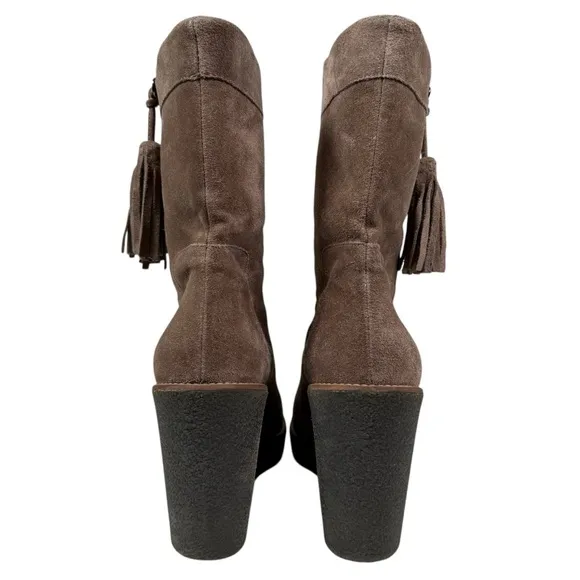 Aquatalia Size 8 Viola Weatherproof Suede Wedge Tassel Pull On Boots in Taupe