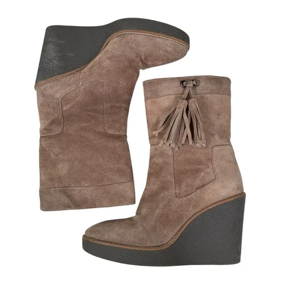 Aquatalia Size 8 Viola Weatherproof Suede Wedge Tassel Pull On Boots in Taupe