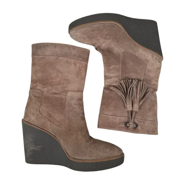 Aquatalia Size 8 Viola Weatherproof Suede Wedge Tassel Pull On Boots in Taupe