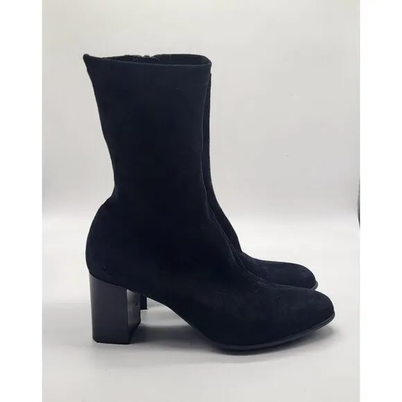 Aquatalia Women's SZ 7 Darianna Black Suede Chunky Heeled Boots Booties #410259
