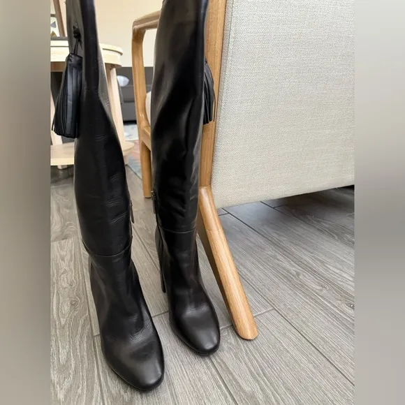 Aquatalia|Black leather tall heeled boots,chunky heel••Designer Luxury,Excellent