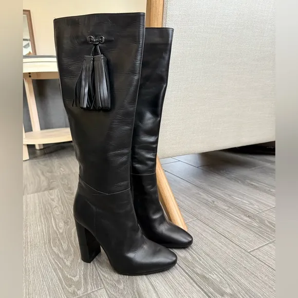 Aquatalia|Black leather tall heeled boots,chunky heel••Designer Luxury,Excellent