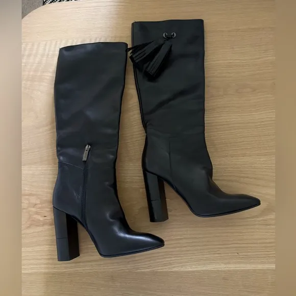Aquatalia|Black leather tall heeled boots,chunky heel••Designer Luxury,Excellent