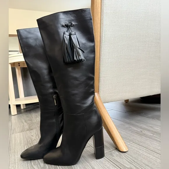 Aquatalia|Black leather tall heeled boots,chunky heel••Designer Luxury,Excellent