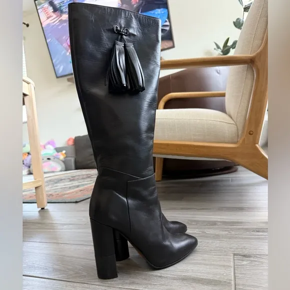 Aquatalia|Black leather tall heeled boots,chunky heel••Designer Luxury,Excellent