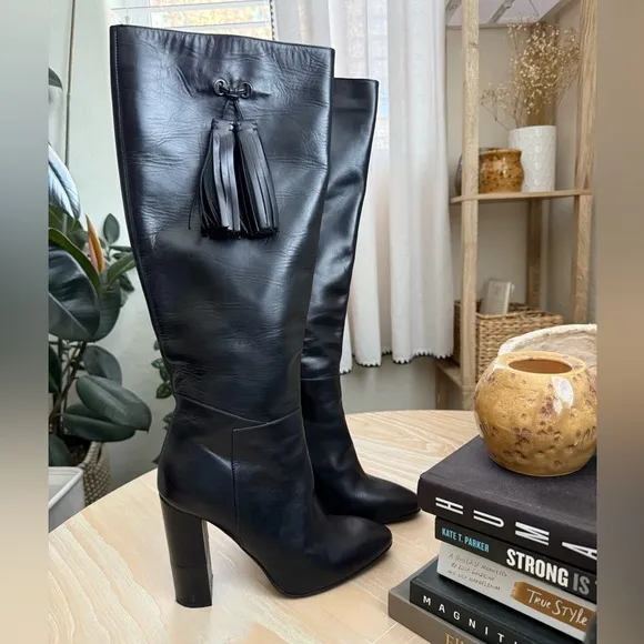 Aquatalia|Black leather tall heeled boots,chunky heel••Designer Luxury,Excellent