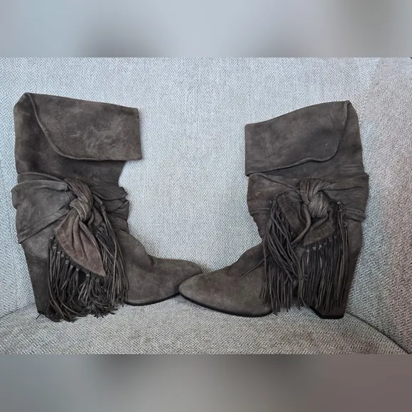 Aquazurra Grey Suede Mid Calf Fringed Boots