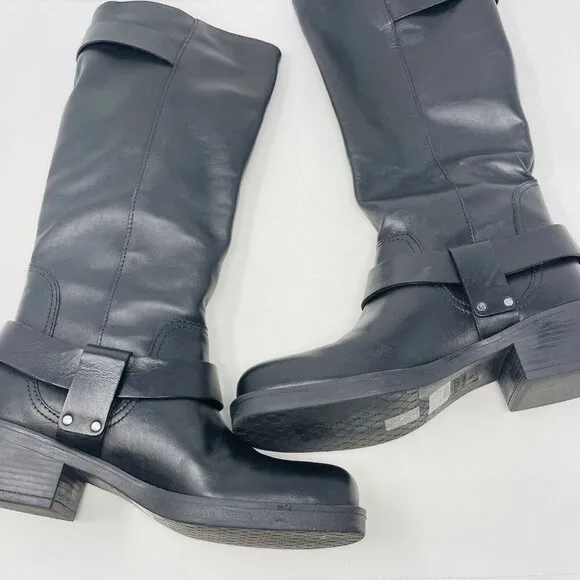 Arezzo Womens Size 8B Clara Knee-High Leather Moto Boots Buckle in Black $199