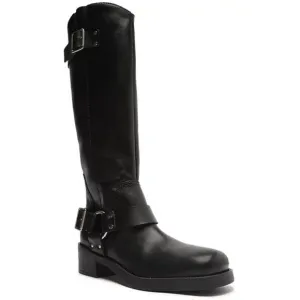 Arezzo Womens Size 8B Clara Knee-High Leather Moto Boots Buckle in Black $199