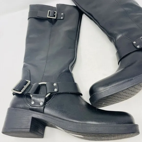 Arezzo Womens Size 8B Clara Knee-High Leather Moto Boots Buckle in Black $199