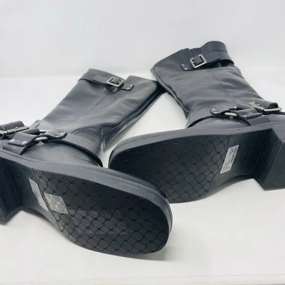 Arezzo Womens Size 8B Clara Knee-High Leather Moto Boots Buckle in Black $199