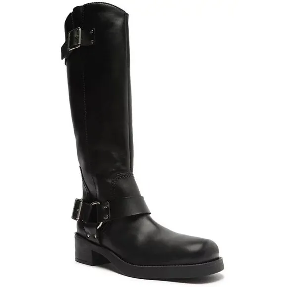 Arezzo Womens Size 8B Clara Knee-High Leather Moto Boots Buckle in Black $199