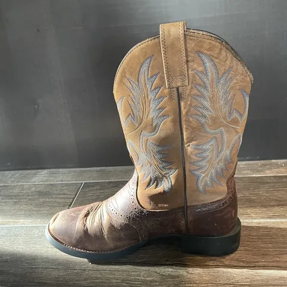 Ariat Cowboy Boots Mens 10 D Brown Leather Blue Embroidery Heritage Western