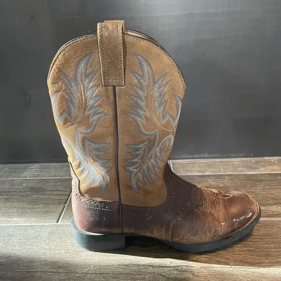 Ariat Cowboy Boots Mens 10 D Brown Leather Blue Embroidery Heritage Western