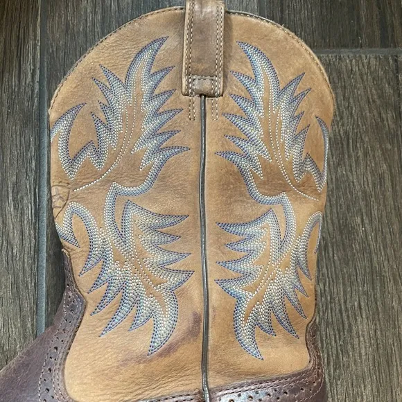 Ariat Cowboy Boots Mens 10 D Brown Leather Blue Embroidery Heritage Western