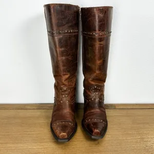 ARIAT‎ Leather Cowboy Cowgirl Boots Studded Distressed Snip Toe Western Riding