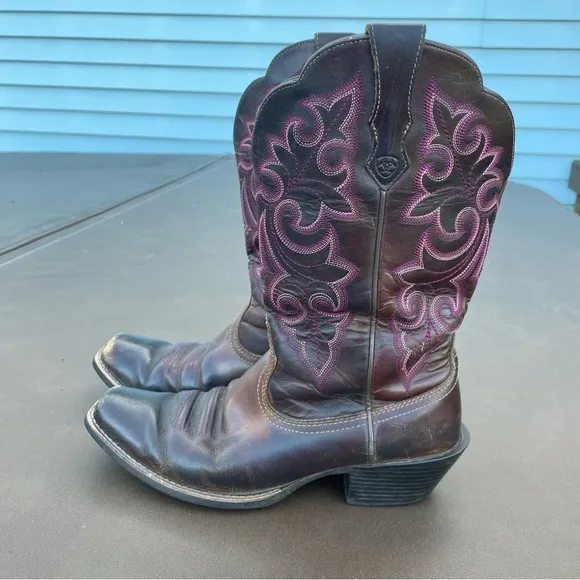 Ariat Round Up Square Toe Western Cowboy Cowgirl Boots Brown and Pink