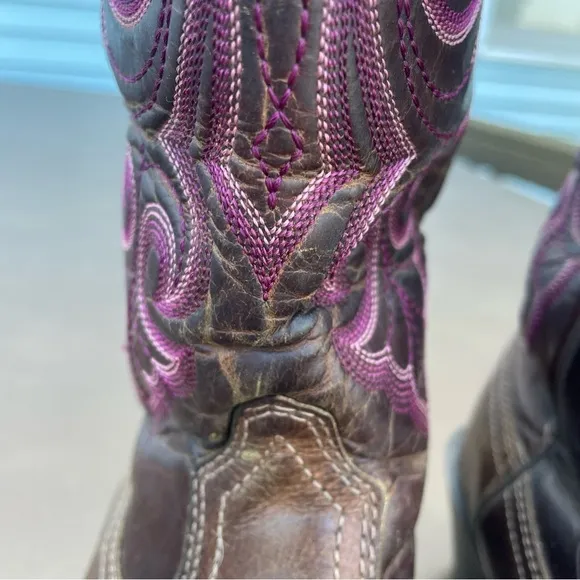 Ariat Round Up Square Toe Western Cowboy Cowgirl Boots Brown and Pink