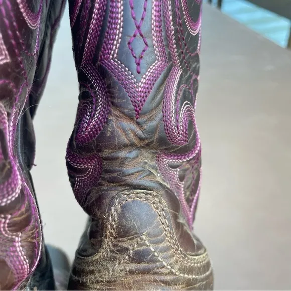 Ariat Round Up Square Toe Western Cowboy Cowgirl Boots Brown and Pink