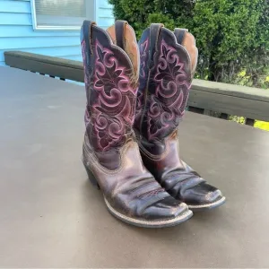 Ariat Round Up Square Toe Western Cowboy Cowgirl Boots Brown and Pink