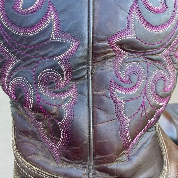 Ariat Round Up Square Toe Western Cowboy Cowgirl Boots Brown and Pink
