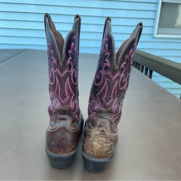 Ariat Round Up Square Toe Western Cowboy Cowgirl Boots Brown and Pink