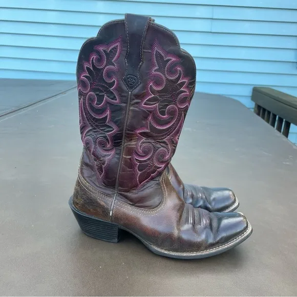 Ariat Round Up Square Toe Western Cowboy Cowgirl Boots Brown and Pink