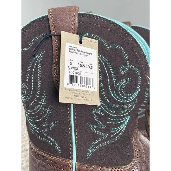 Ariat Women's Fatbaby Heritage Boot Size 6 C Western Brown Leather Teal Cowboy