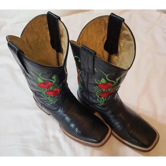 Armenta Botas Women’s 8.5  Leather Rose Embroidered Cowgirl Boots Rodeo/Fiesta