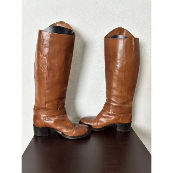 Arturo Chiang Equestrian Brown Leather Riding Boots Size 6M Straps Buckle