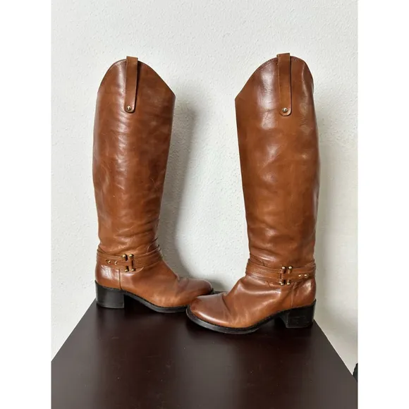 Arturo Chiang Equestrian Brown Leather Riding Boots Size 6M Straps Buckle