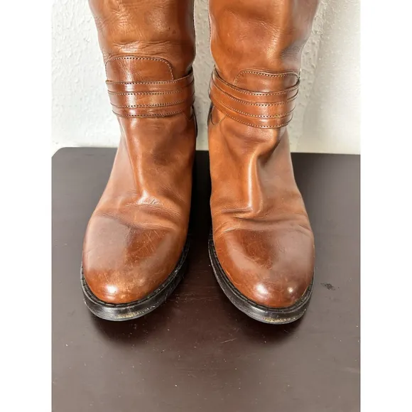 Arturo Chiang Equestrian Brown Leather Riding Boots Size 6M Straps Buckle