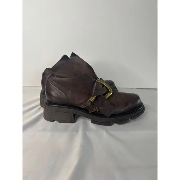 A.S.98 Leather Ankle Boots Gold Buckle Lug Sole Chunky Heel Brown