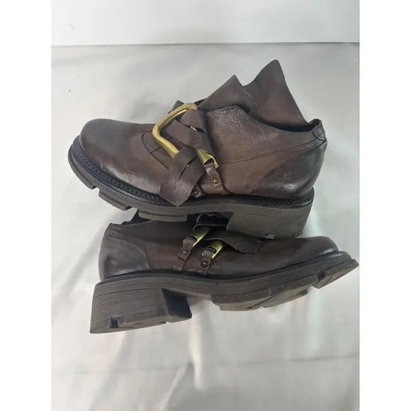 A.S.98 Leather Ankle Boots Gold Buckle Lug Sole Chunky Heel Brown