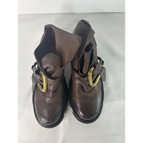 A.S.98 Leather Ankle Boots Gold Buckle Lug Sole Chunky Heel Brown