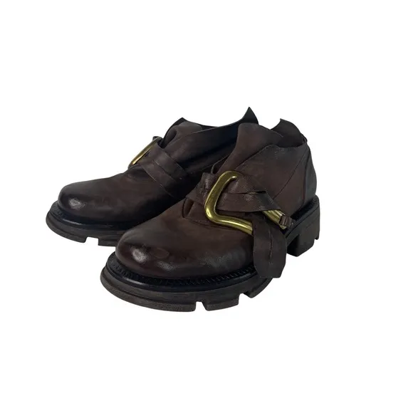 A.S.98 Leather Ankle Boots Gold Buckle Lug Sole Chunky Heel Brown