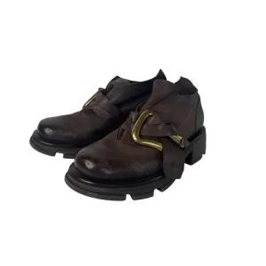 A.S.98 Leather Ankle Boots Gold Buckle Lug Sole Chunky Heel Brown