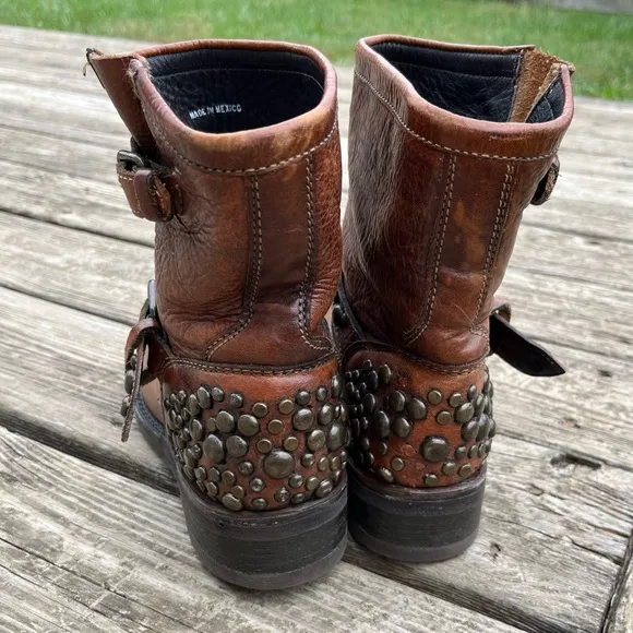 Ash Studded Leather Engineer Moto Biker Tan Boots Size 39EU