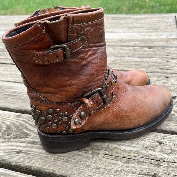 Ash Studded Leather Engineer Moto Biker Tan Boots Size 39EU