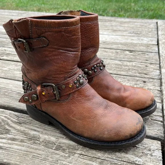 Ash Studded Leather Engineer Moto Biker Tan Boots Size 39EU
