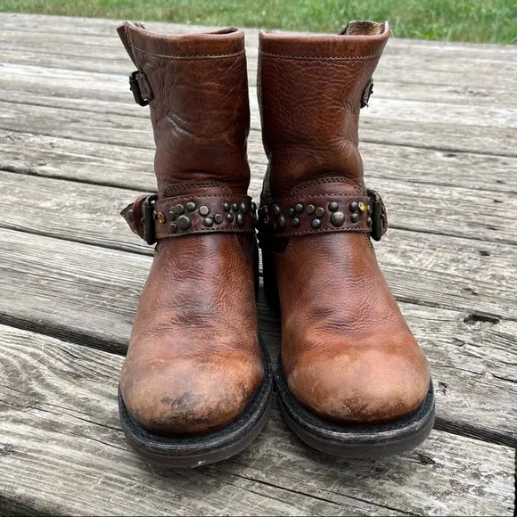 Ash Studded Leather Engineer Moto Biker Tan Boots Size 39EU