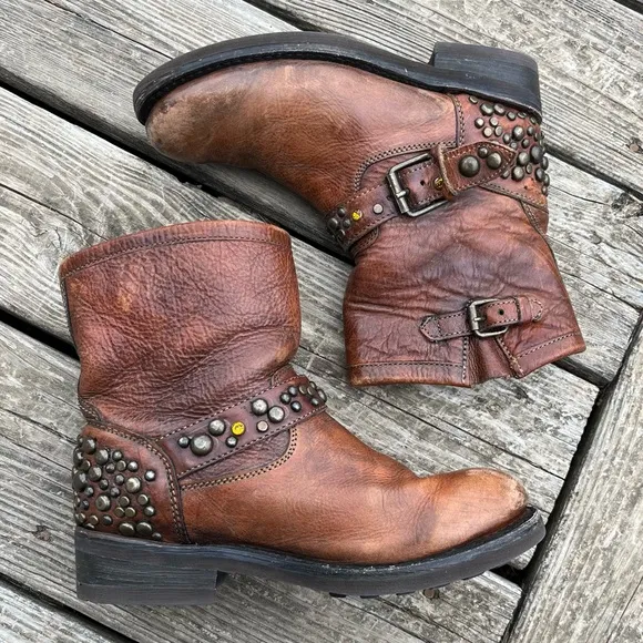 Ash Studded Leather Engineer Moto Biker Tan Boots Size 39EU