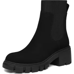 Athlefit Women's Chelsea Boots black Suede Ankle Boots Lug Sole Chunky Booties