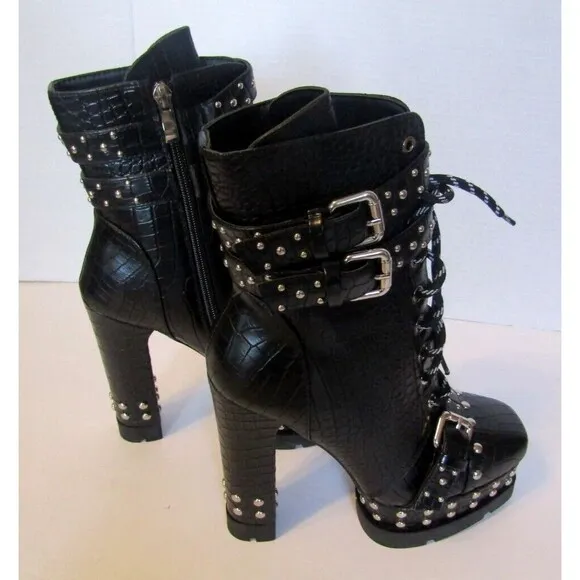Azalea Wang Dolls Kill Ankle Boots Black Vegan Crocodile Heels Studded NWOB 8.5