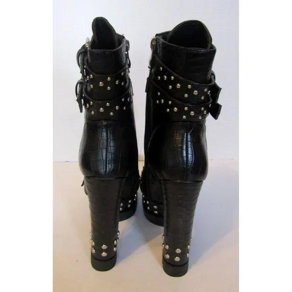 Azalea Wang Dolls Kill Ankle Boots Black Vegan Crocodile Heels Studded NWOB 8.5