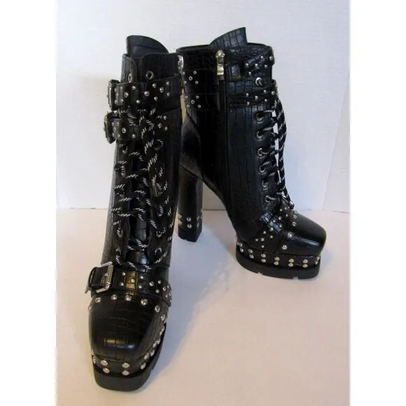 Azalea Wang Dolls Kill Ankle Boots Black Vegan Crocodile Heels Studded NWOB 8.5